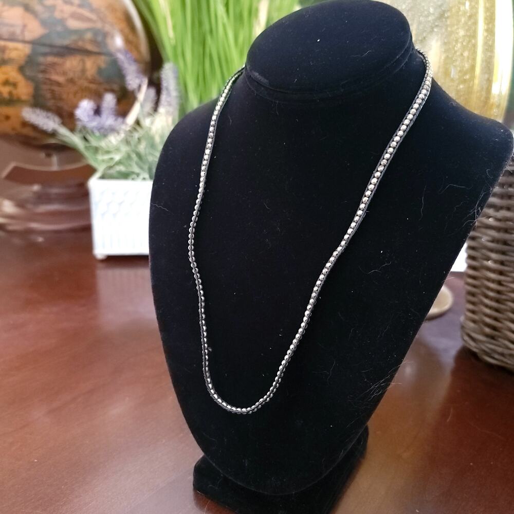 Vintage Boho Beaded Necklace Silver Tone Bead on Black Leather Cord Button Clasp